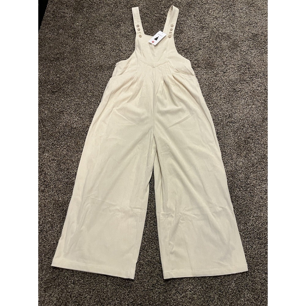 Zesica Women's jumpsuit ribbed Over-alls pockets‎ size Small cream